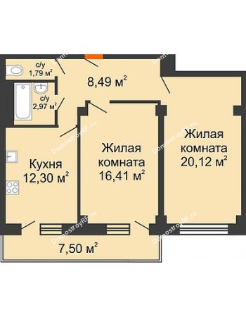 2 комнатная квартира 64,33 м² в ЖК Парковый, дом 6 позиция, блок-секция 3