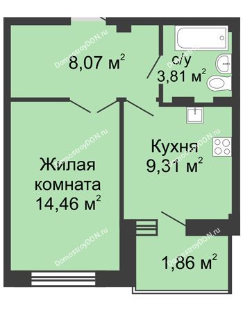 1 комнатная квартира 38,2 м² в ЖК Соловьиная роща, дом № 1
