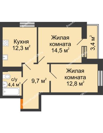 2 комнатная квартира 55,4 м² в ЖК Южный Берег, дом Литер 6