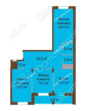 3 комнатная квартира 102,3 м² в ЖК Монолит, дом № 89, корп. 1, 2