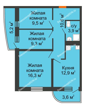 3 комнатная квартира 66,9 м² в ЖК Звезда Столицы, дом Литер 8