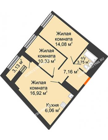 2 комнатная квартира 59,87 м² в ЖК Дом на Набережной, дом № 1