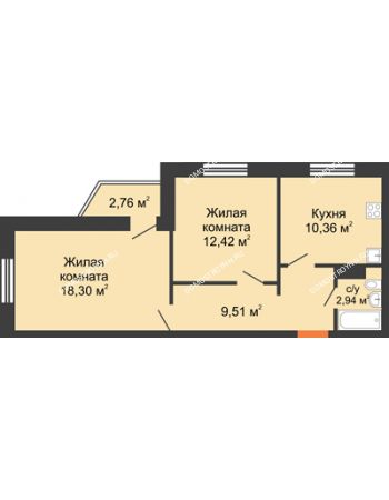 2 комнатная квартира 54,36 м² в ЖК Мончегория, дом № 6