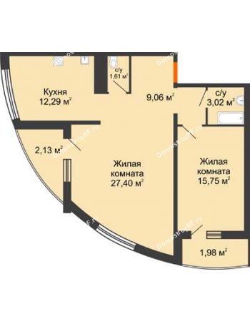 2 комнатная квартира 73,24 м² в ЖК Фамилия, дом Литер 1