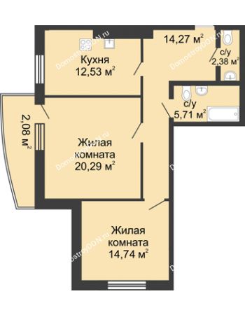 2 комнатная квартира 74,7 м² в ЖК Тихий Дон, дом № 3