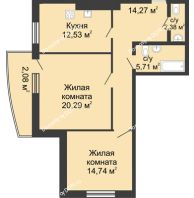 2 комнатная квартира 74,7 м² в ЖК Тихий Дон, дом № 3 - планировка