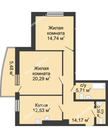 2 комнатная квартира 75,3 м² в ЖК Тихий Дон, дом № 2