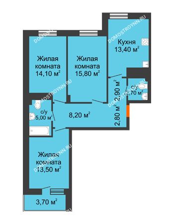 3 комнатная квартира 80,25 м² в ЖК Корица, дом № 1