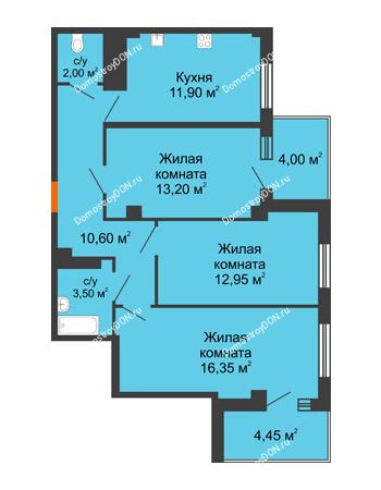 3 комнатная квартира 73,85 м² в ЖК Грин Парк, дом Литер 2