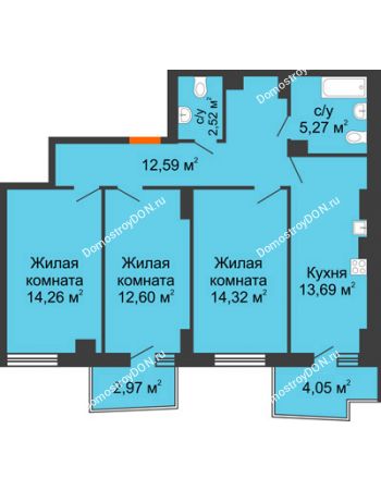 3 комнатная квартира 76,85 м² в ЖК Город у реки, дом Литер 7