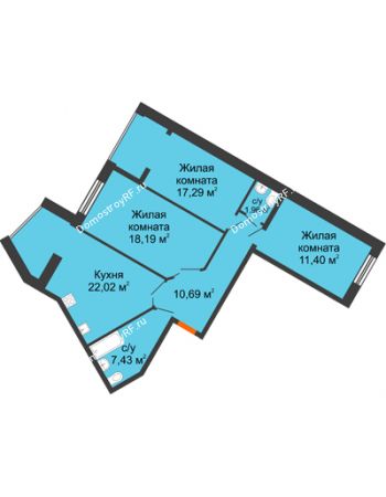 3 комнатная квартира 88,98 м² в ЖК Бунина парк, дом 3 этап, блок-секция 3 С