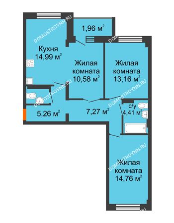 3 комнатная квартира 74,34 м² в ЖК Дом с террасами, дом № 6