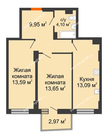 2 комнатная квартира 55,27 м² в ЖК Сердце Ростова 2, дом Литер 6