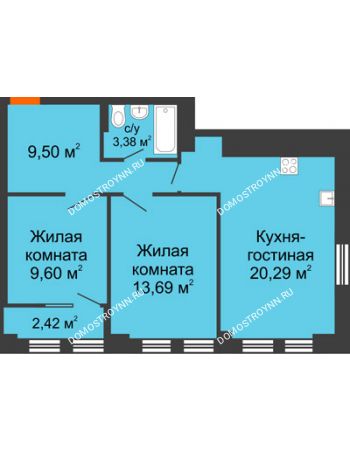 3 комнатная квартира 65,56 м² в ЖК Каскад на Менделеева, дом № 1
