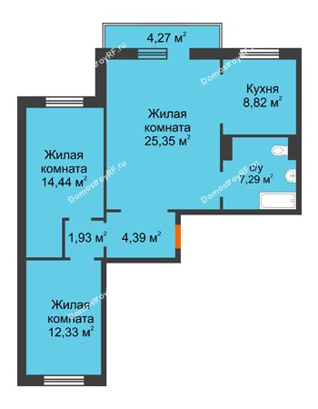 3 комнатная квартира 75,83 м² в ЖК Плодово-Ягодный, дом № 1