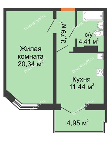 1 комнатная квартира 41,2 м² в ЖК Лазурный, дом позиция 50 (2-5 подъезд)