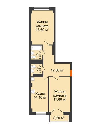 2 комнатная квартира 71 м² - ЖК Гагарин