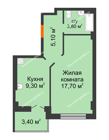 1 комнатная квартира 39,3 м² в ЖК Парк Островского 2, дом № 2