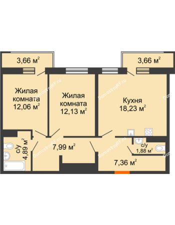 3 комнатная квартира 66,74 м² в ЖК intellect-Квартал (Интеллект-Квартал), дом 2 секция