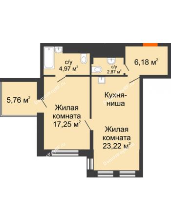 2 комнатная квартира 56,22 м² в ЖК Столичный, дом корпус А, блок-секция 1,2,3