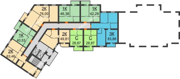 Планировка 13 этажа в доме №39 блок-секция 1.4; 1.5 в ЖК Парковый