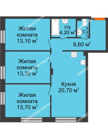 3 комнатная квартира 77,2 м² в ЖК Заречье, дом № 7