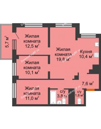 4 комнатная квартира 79,4 м² в ЖК Тихие зори, дом №2