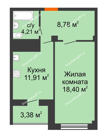 1 комнатная квартира 43,46 м² в ЖК Солнечный, дом № 2