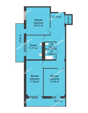 3 комнатная квартира 93,6 м² в  ЖК РИИЖТский Уют, дом Секция 1-2