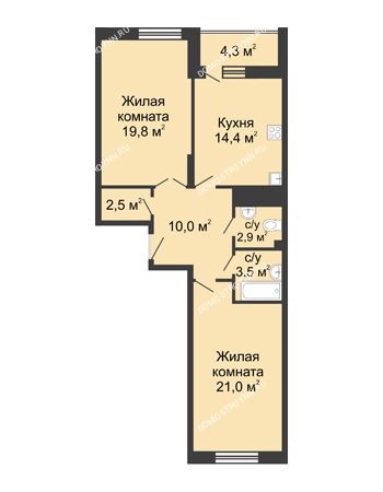 2 комнатная квартира 78,6 м² в ЖК Монолит, дом № 89, корп. 3