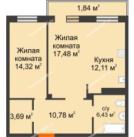 2 комнатная квартира 66,65 м² в ЖК Норма, дом № 2 - планировка