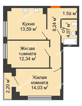 2 комнатная квартира 55,48 м² в ЖК Аврора, дом № 3