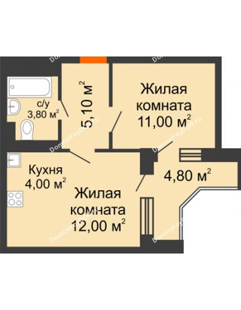 2 комнатная квартира 38,3 м² в ЖК Династия, дом Литер 2