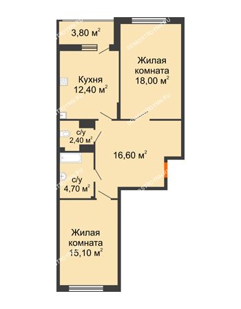 2 комнатная квартира 71,1 м² в ЖК Цветы, дом № 6-2