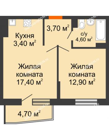 2 комнатная квартира 44,4 м² в ЖК Династия, дом Литер 2