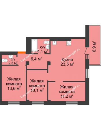4 комнатная квартира 73,3 м² в ЖК Тихие зори, дом № 4, блок-секция 1,2,3,4