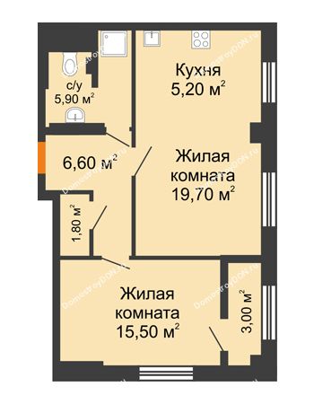 2 комнатная квартира 56,29 м² в ЖК Сокол на Оганова, дом Литер 2