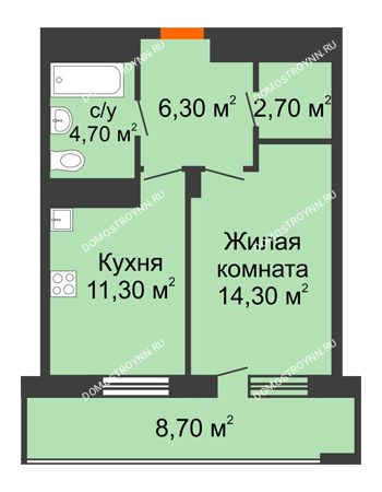 1 комнатная квартира 43,65 м² в ЖК Корица, дом № 1