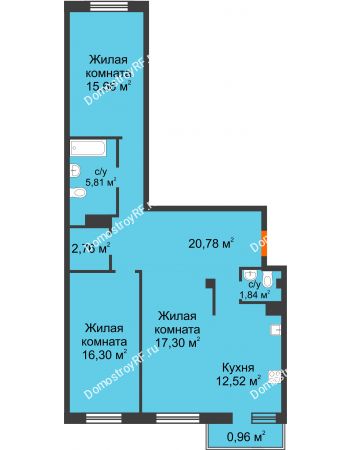 3 комнатная квартира 93,93 м² в ЖК Норма, дом № 2