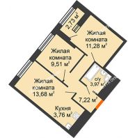 2 комнатная квартира 50,79 м² в ЖК Дом на Набережной, дом № 1 - планировка