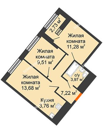 2 комнатная квартира 50,79 м² в ЖК Дом на Набережной, дом № 1