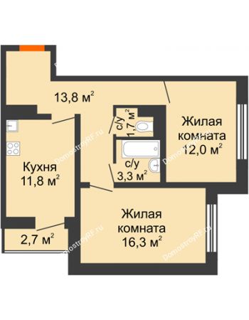 2 комнатная квартира 60,3 м² в ЖК Задонье, дом Позиция 2