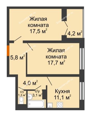 2 комнатная квартира 62,8 м² в ЖК Лазурный, дом позиция 30