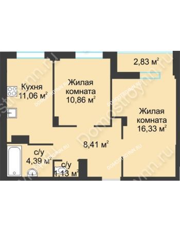 2 комнатная квартира 55,01 м² в ЖК На Вятской, дом № 3 (по генплану)