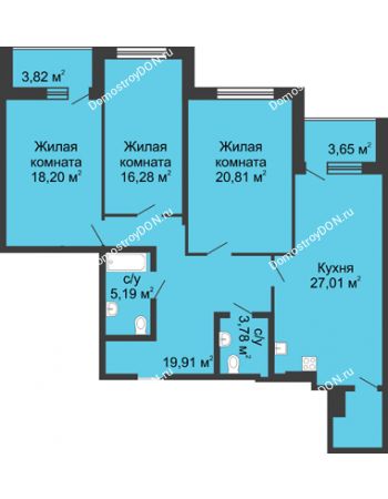 3 комнатная квартира 121,71 м² в ЖК Тихий Дон, дом № 2