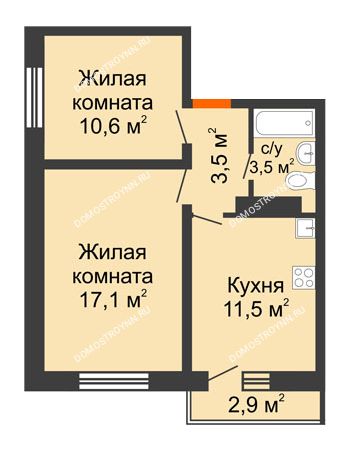 2 комнатная квартира 46,2 м² в ЖК Корабли, дом № 54