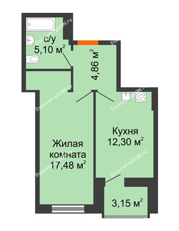 1 комнатная квартира 41,54 м² в ЖК Аврора, дом № 1