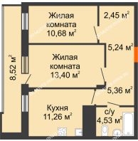 2 комнатная квартира 57,18 м² в ЖК Циолковский, дом № 3 - планировка