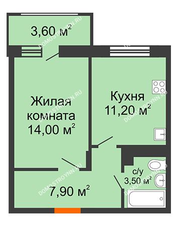 1 комнатная квартира 38,4 м² в ЖК Цветы 2, дом № 4