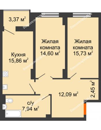 2 комнатная квартира 70,36 м² в ЖК Аврора, дом № 3